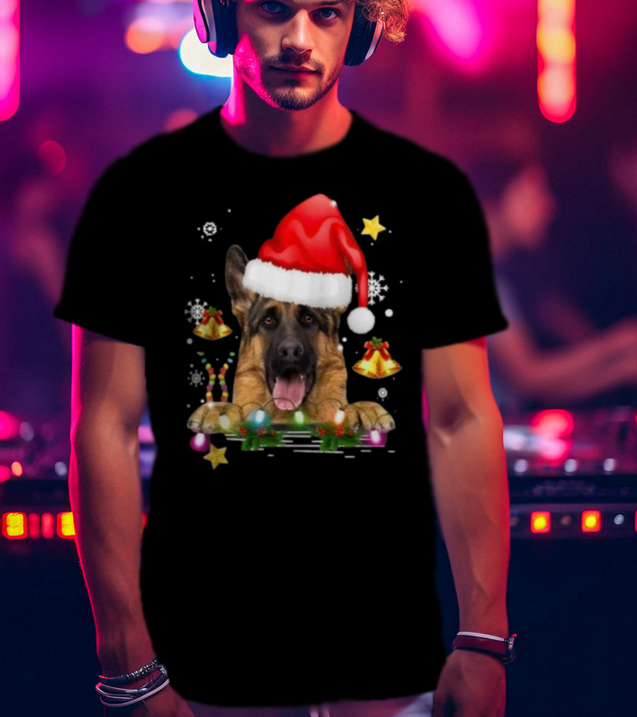 Happy Merry Christmas Lights German Shepherd Dog Festive Santa Hat T-Shirt