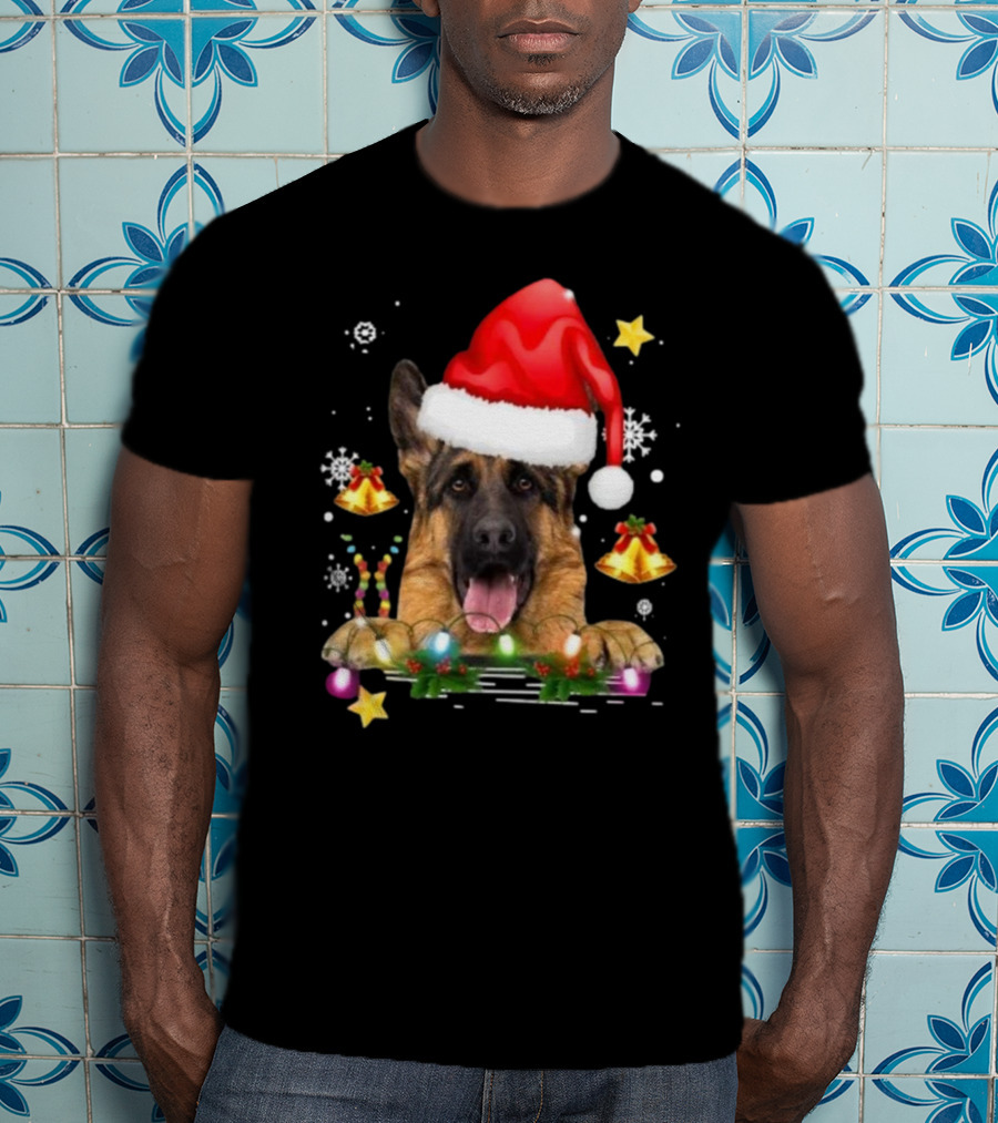 Happy Merry Christmas Lights German Shepherd Dog Festive Santa Hat T-Shirt