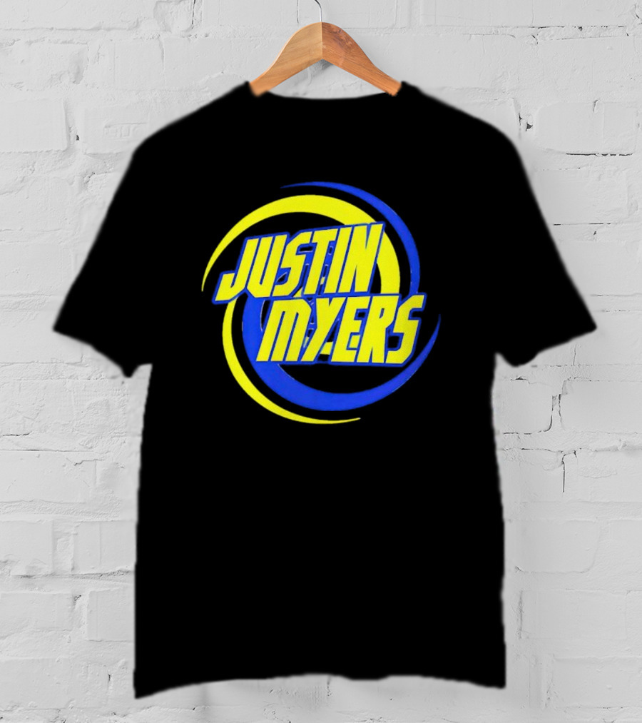 JUSTIN MYERS Blue Yellow Spiral Circle Text T-Shirt