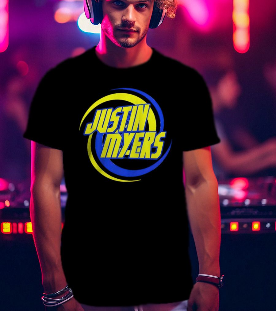 JUSTIN MYERS Blue Yellow Spiral Circle Text T-Shirt