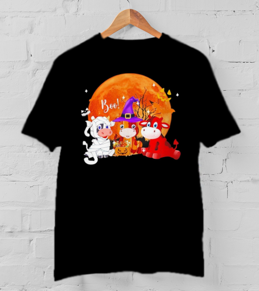Boo Three Cow Halloween With Witch Hat Mummy And Devil In Front Of Full Moon T-Shirt