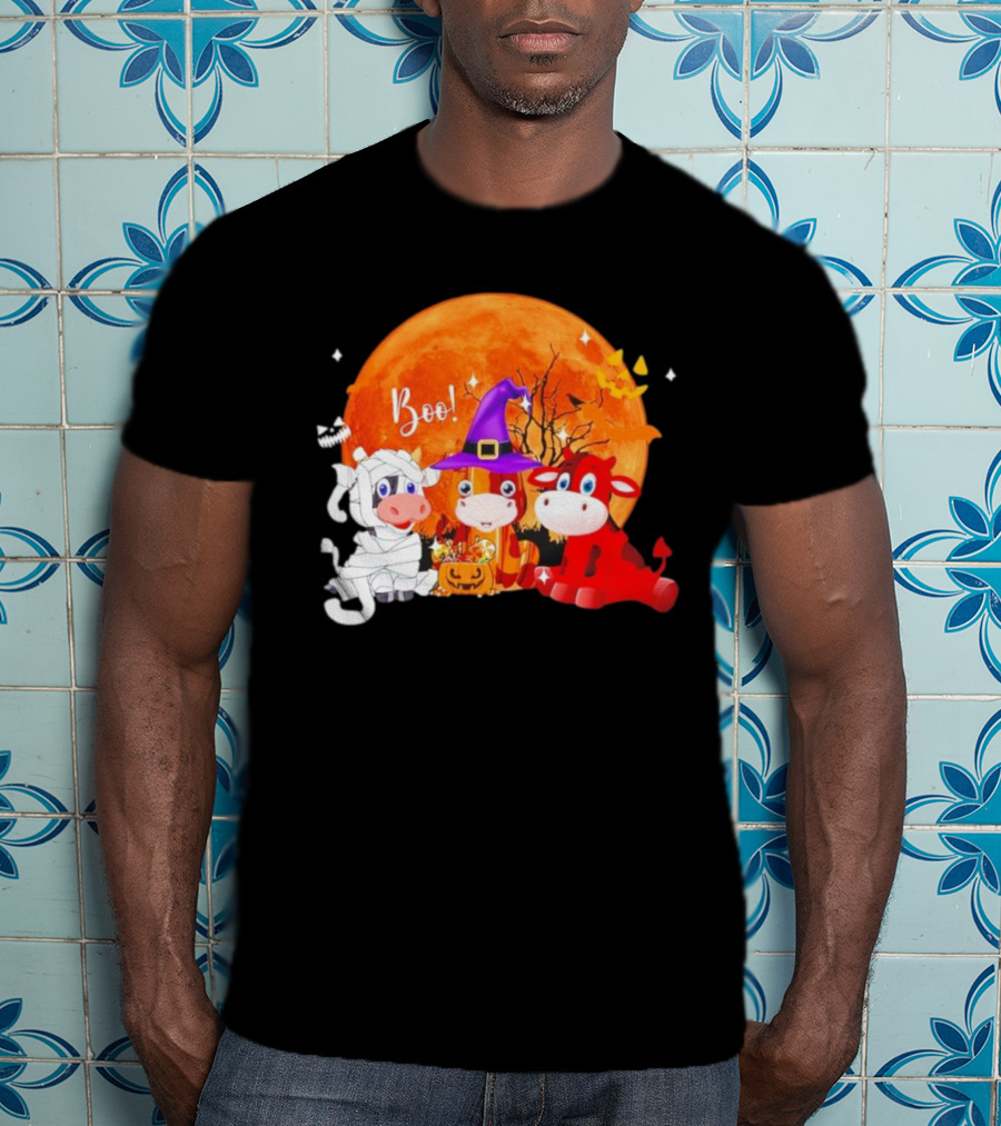 Boo Three Cow Halloween With Witch Hat Mummy And Devil In Front Of Full Moon T-Shirt