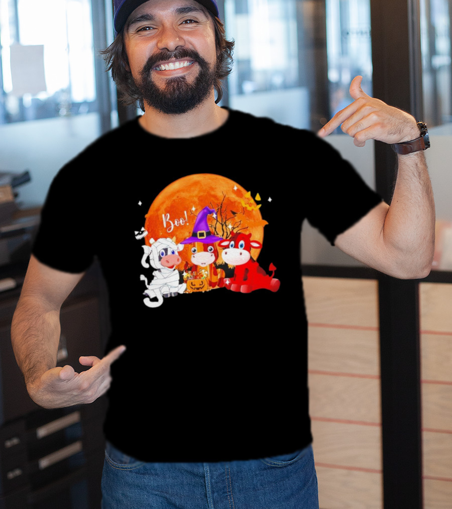 Boo Three Cow Halloween With Witch Hat Mummy And Devil In Front Of Full Moon T-Shirt