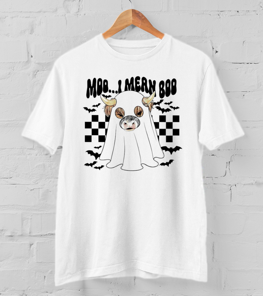 Moo I Mean Boo Ghost Cow With Bats And Checkered T-Shirt