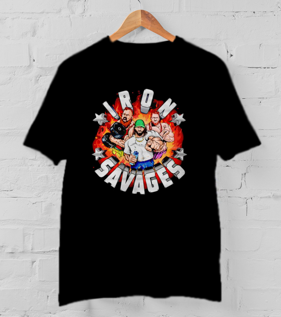 Iron Savages Pumping Iron Bodybuilders With Stars And Flames T-Shirt