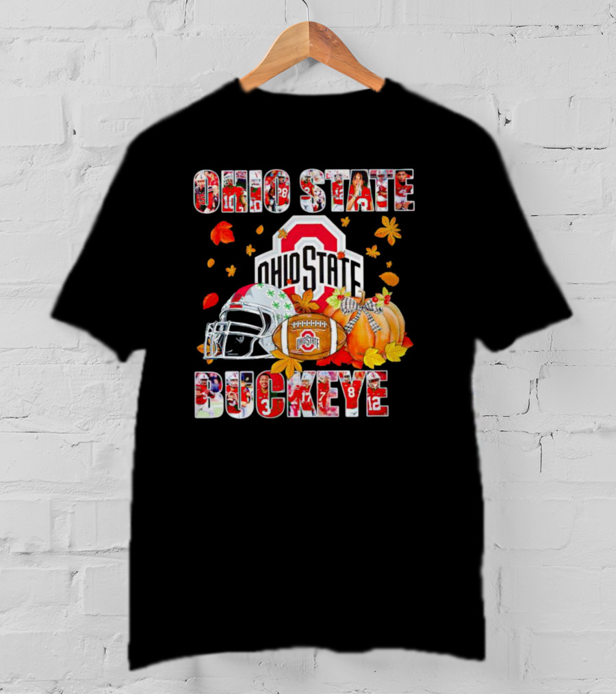 Ohio State Buckeyes Football Autumn Leaves Helmet Pumpkins T-Shirt
