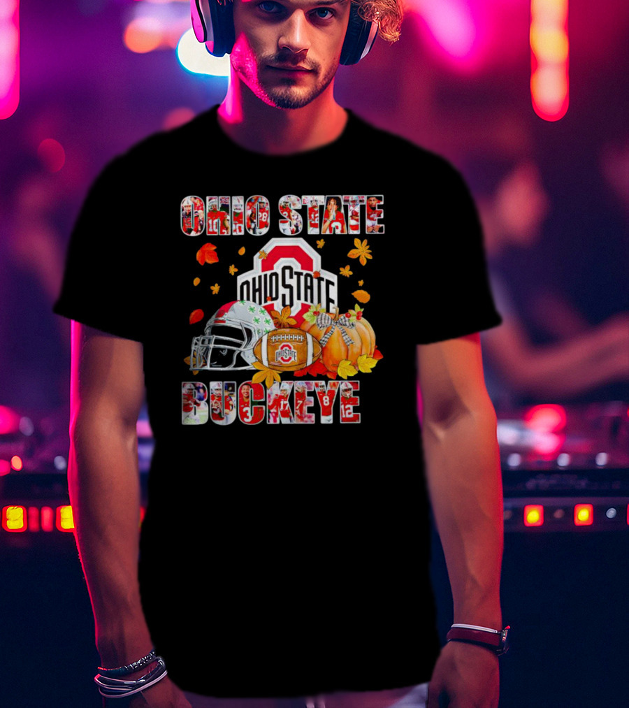 Ohio State Buckeyes Football Autumn Leaves Helmet Pumpkins T-Shirt
