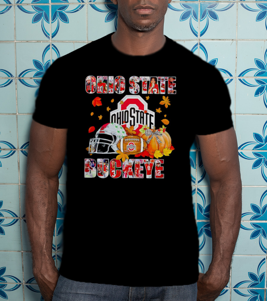 Ohio State Buckeyes Football Autumn Leaves Helmet Pumpkins T-Shirt