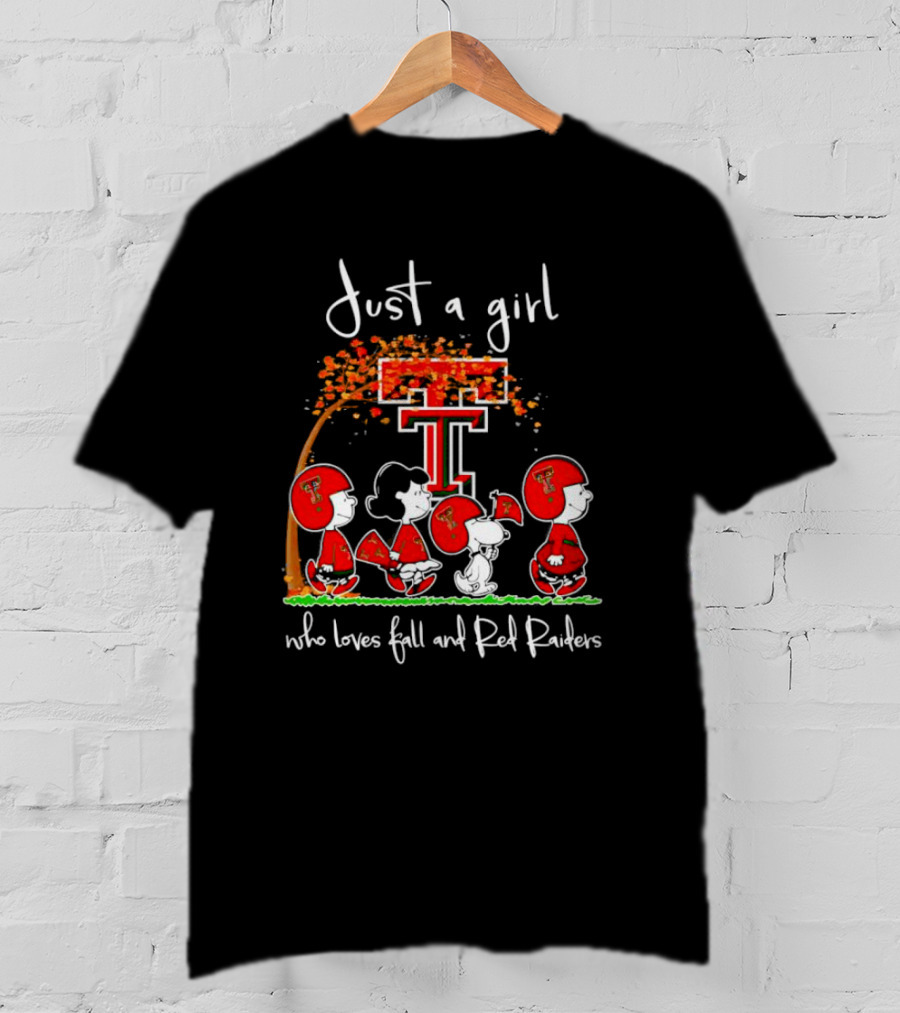 Just A Girl Who Loves Fall And Red Raiders With Peanuts Characters And Texas Tech T-Shirt
