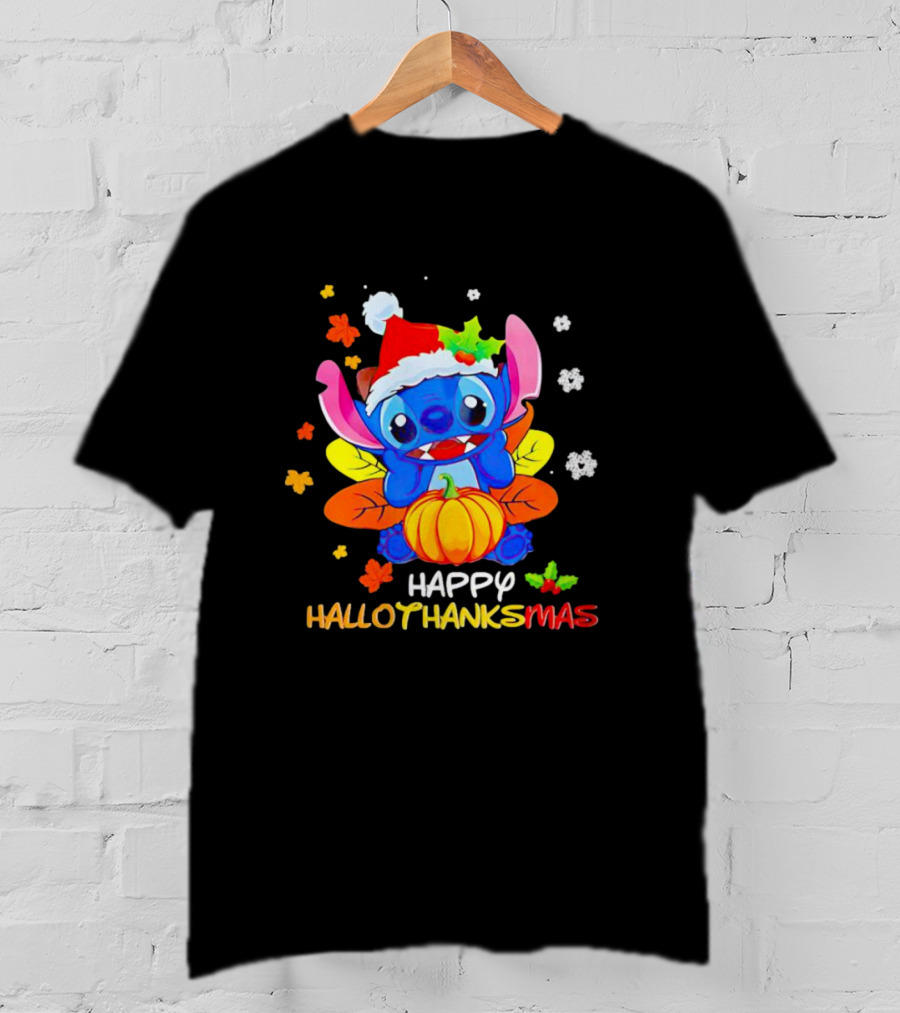 Stitch Happy Hallothanksmas Santa Hat Pumpkin Leaves Snowflakes T-Shirt