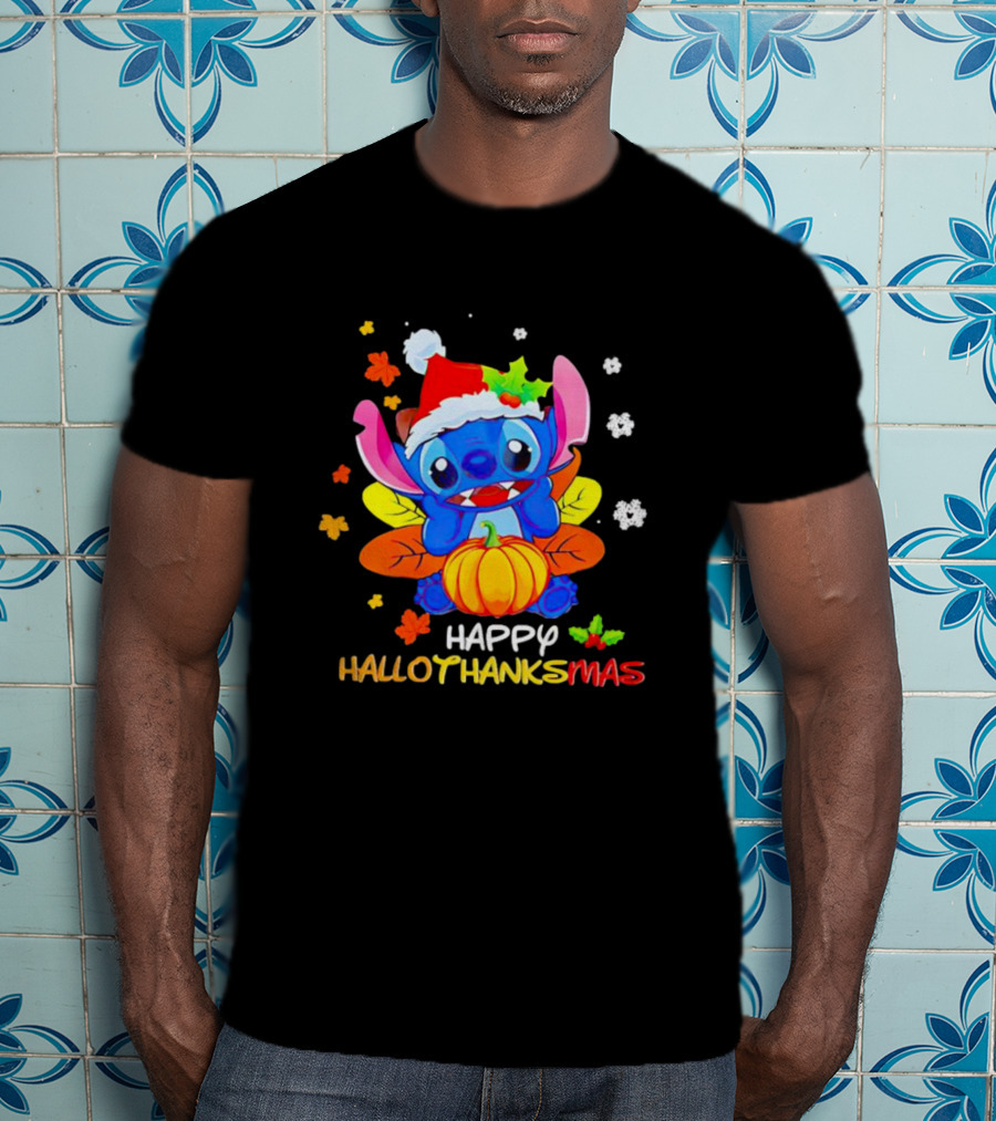 Stitch Happy Hallothanksmas Santa Hat Pumpkin Leaves Snowflakes T-Shirt