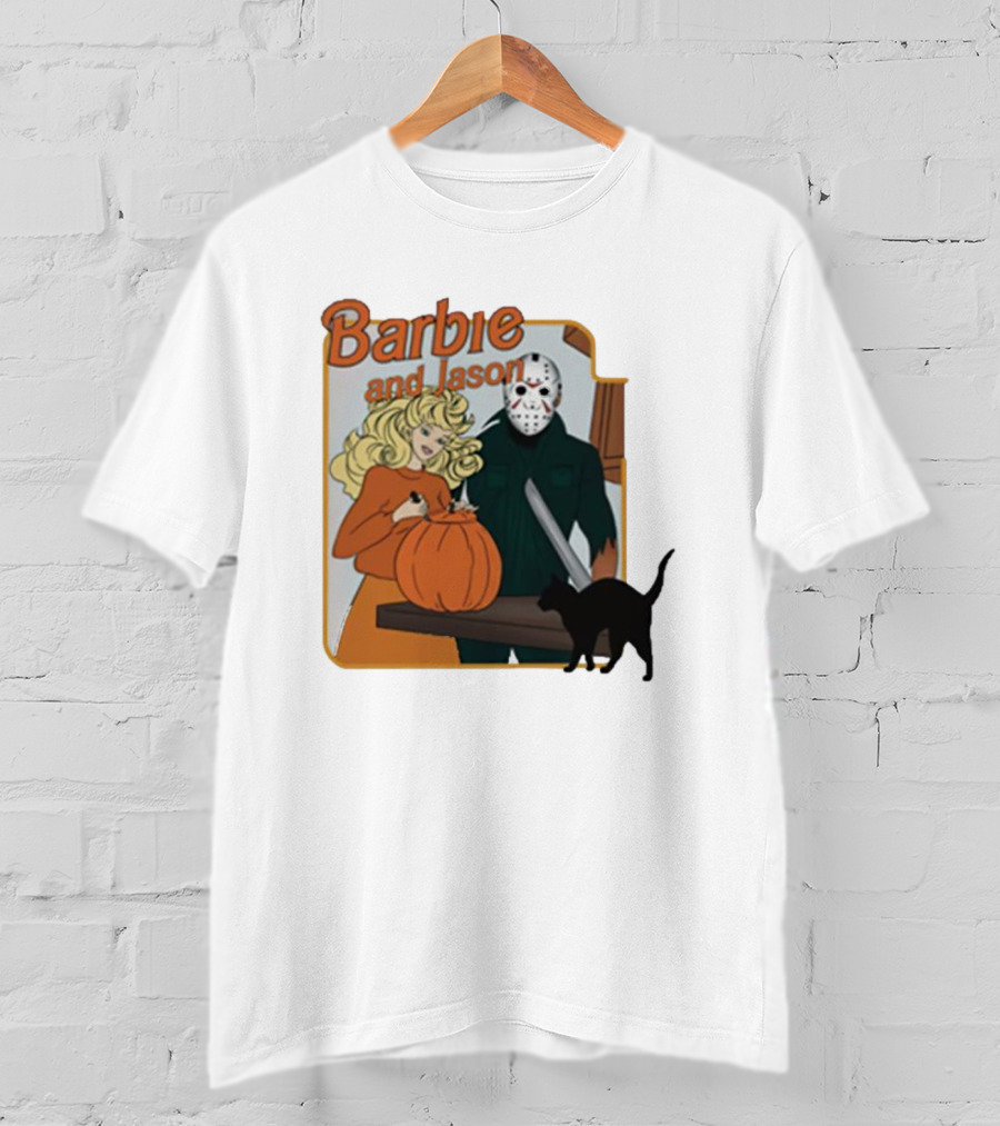 Barbie And Jason Halloween Pumpkin Carving With Black Cat T-Shirt