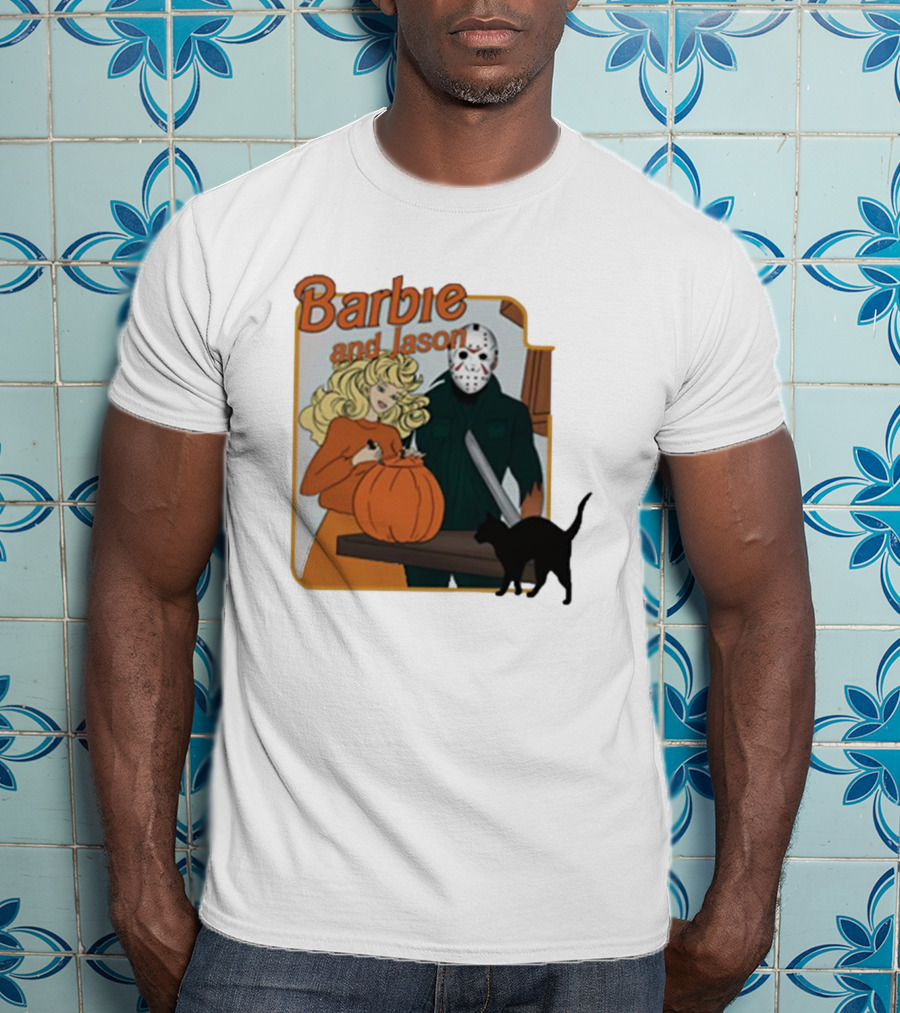 Barbie And Jason Halloween Pumpkin Carving With Black Cat T-Shirt