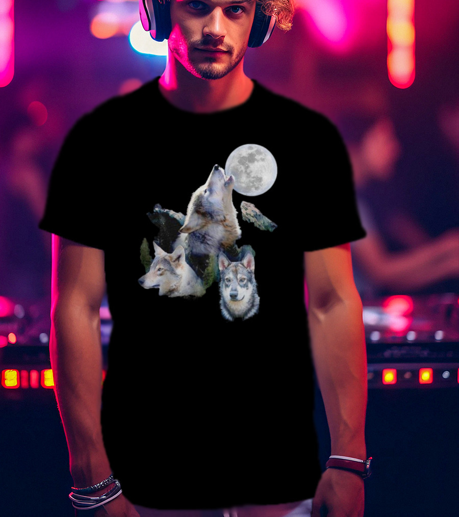Gas Station Wolf Howling At Full Moon Trio T-Shirt