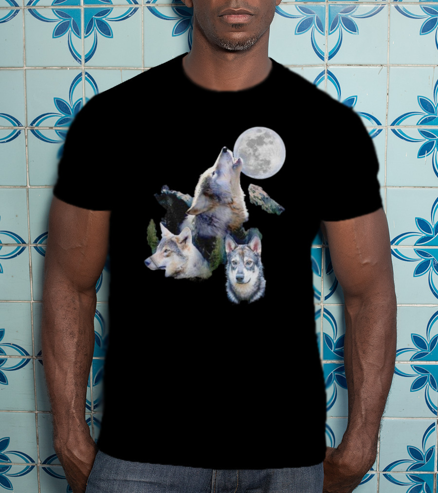 Gas Station Wolf Howling At Full Moon Trio T-Shirt