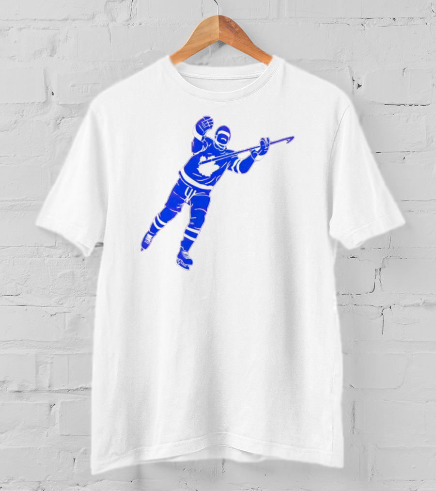 Auston Matthews Celebratory Pose Toronto Maple Leafs Player In Blue And White Hockey Gear T-Shirt