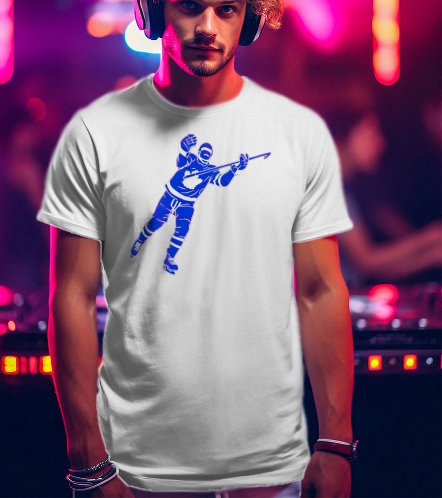 Auston Matthews Celebratory Pose Toronto Maple Leafs Player In Blue And White Hockey Gear T-Shirt