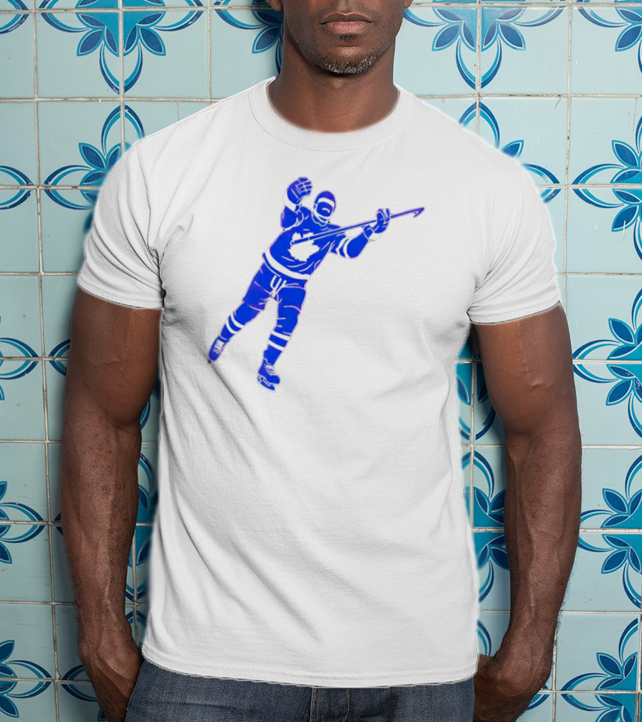 Auston Matthews Celebratory Pose Toronto Maple Leafs Player In Blue And White Hockey Gear T-Shirt