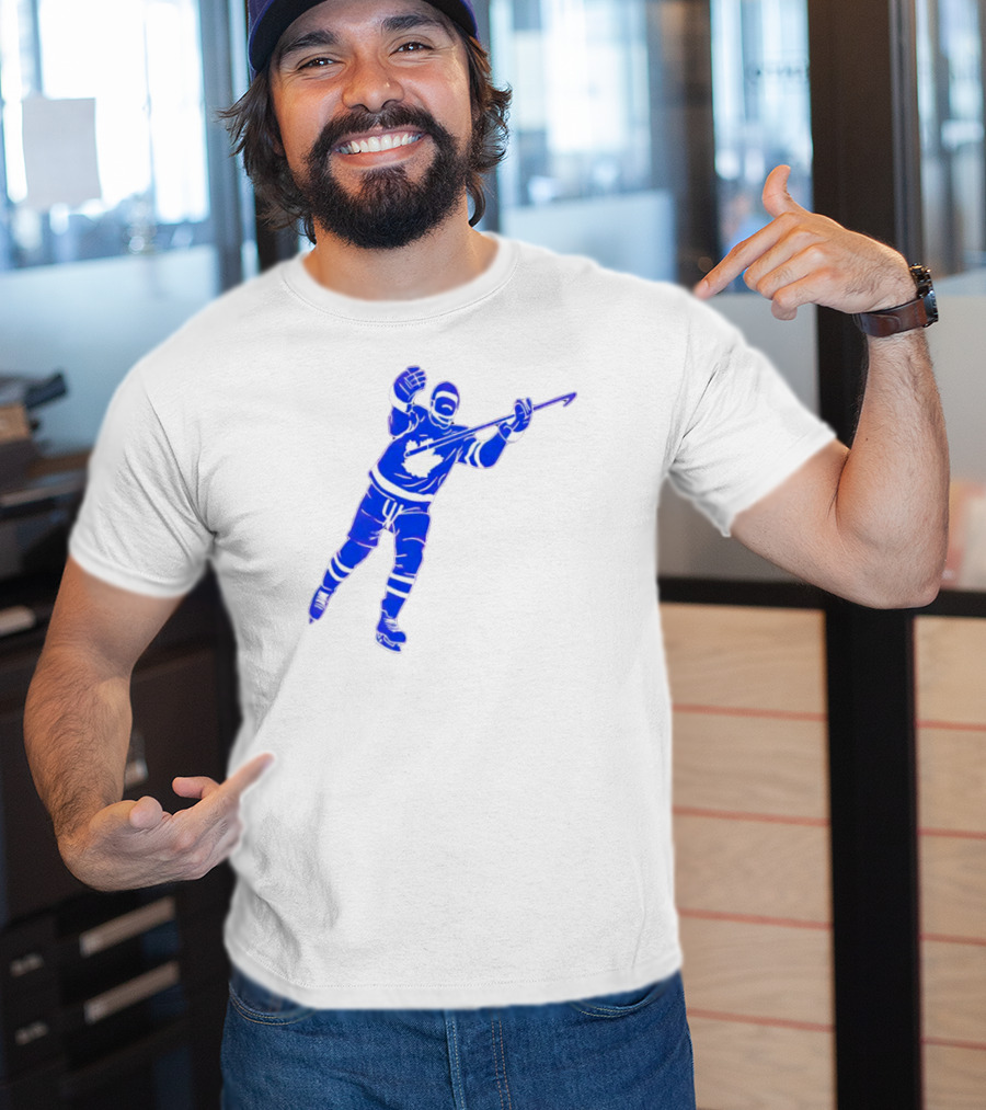 Auston Matthews Celebratory Pose Toronto Maple Leafs Player In Blue And White Hockey Gear T-Shirt