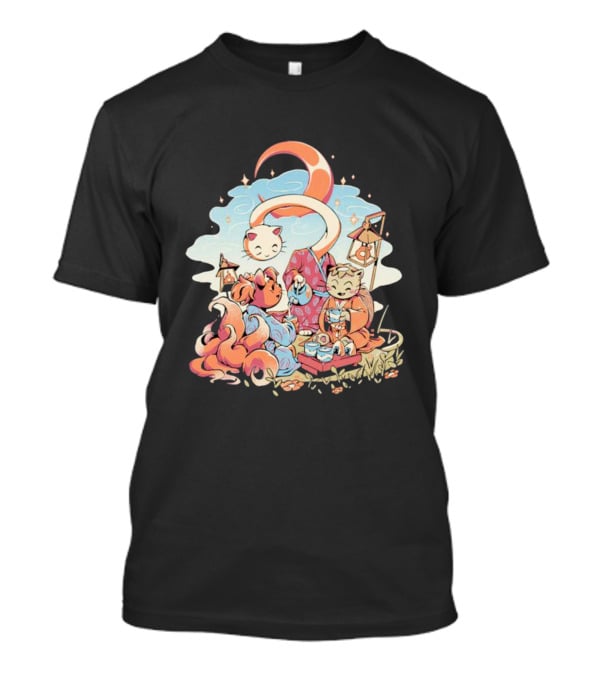 Cat Night Tea Lunar Gathering Whimsical Feline Picnic T-Shirt