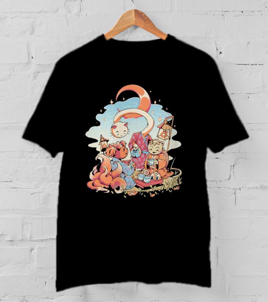 Cat Night Tea Lunar Gathering Whimsical Feline Picnic T-Shirt