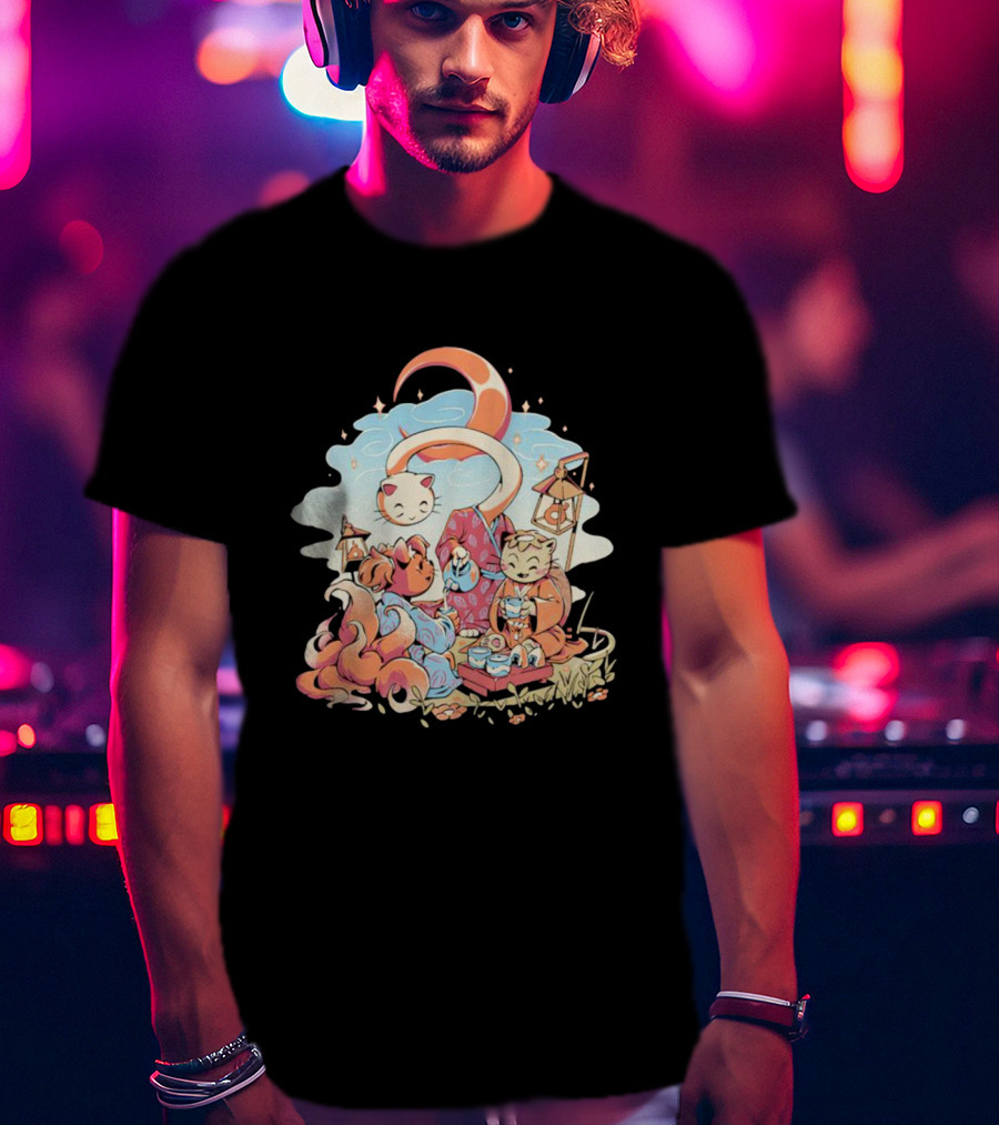 Cat Night Tea Lunar Gathering Whimsical Feline Picnic T-Shirt