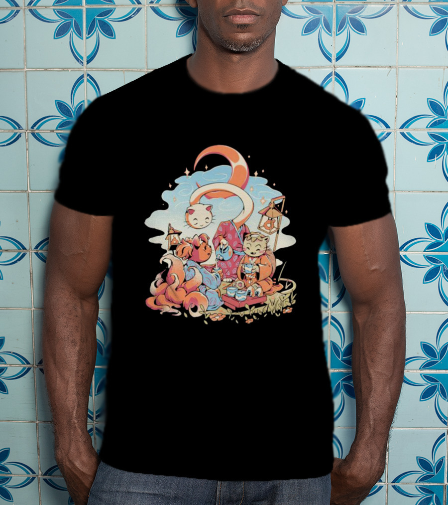 Cat Night Tea Lunar Gathering Whimsical Feline Picnic T-Shirt