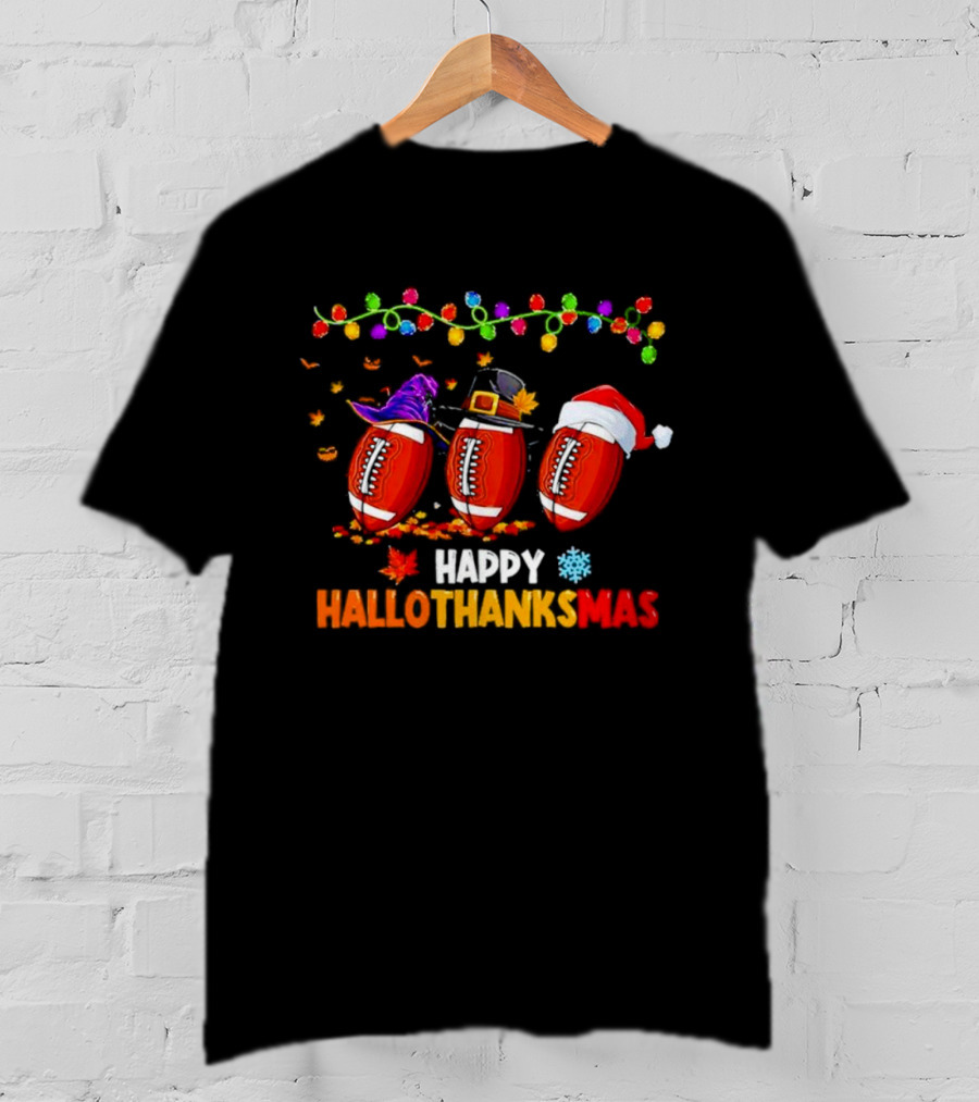 Happy Hallothanksmas Footballs With Halloween Thanksgiving Christmas Elements T-Shirt