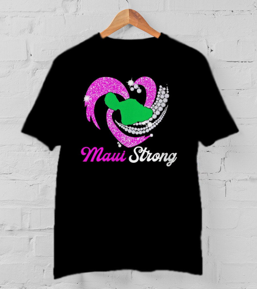 Maui Strong Pink Glitter Heart With Green Island And Diamond Accents T-Shirt