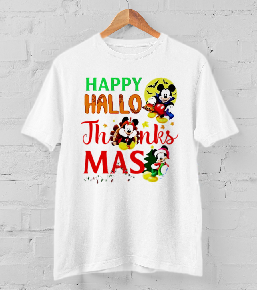 Mickey Mouse Happy Hallothanksmas Halloween Thanksgiving Christmas T-Shirt