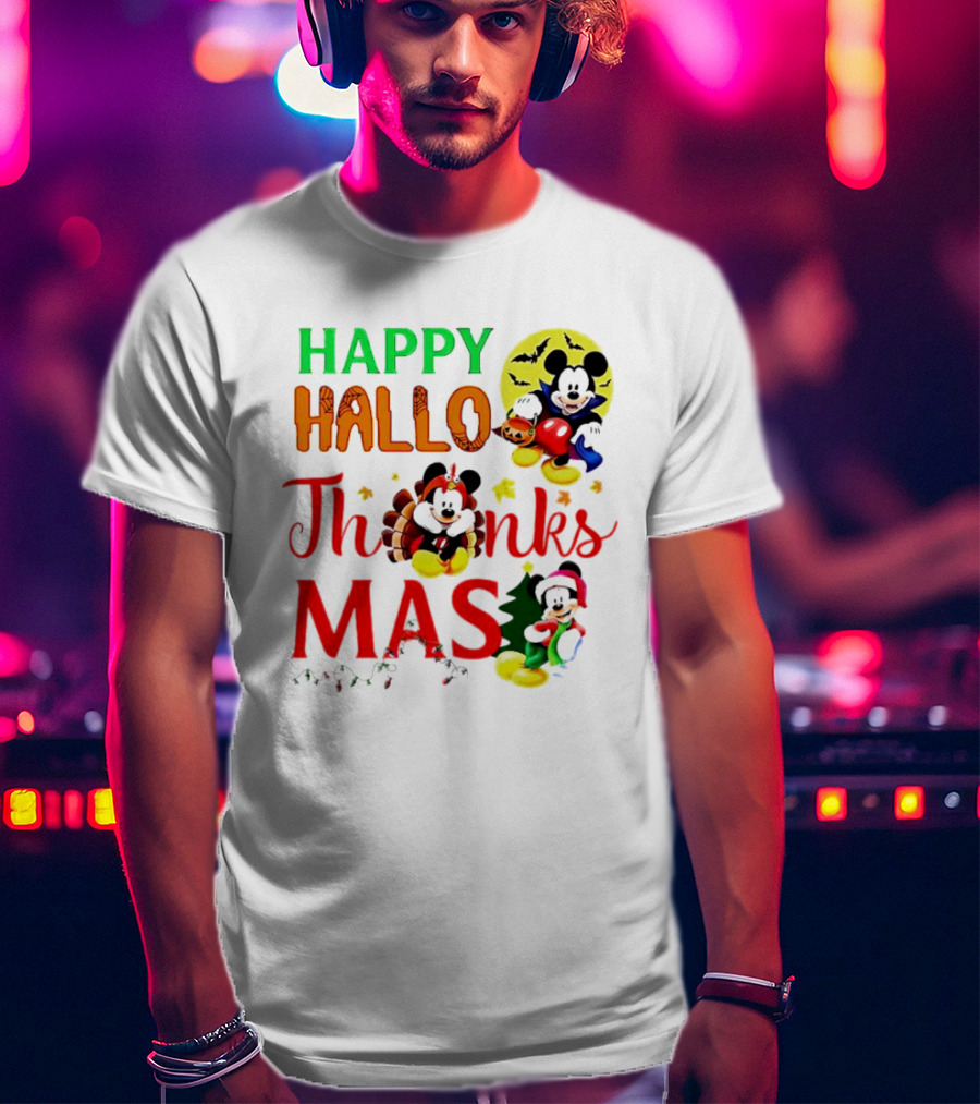 Mickey Mouse Happy Hallothanksmas Halloween Thanksgiving Christmas T-Shirt