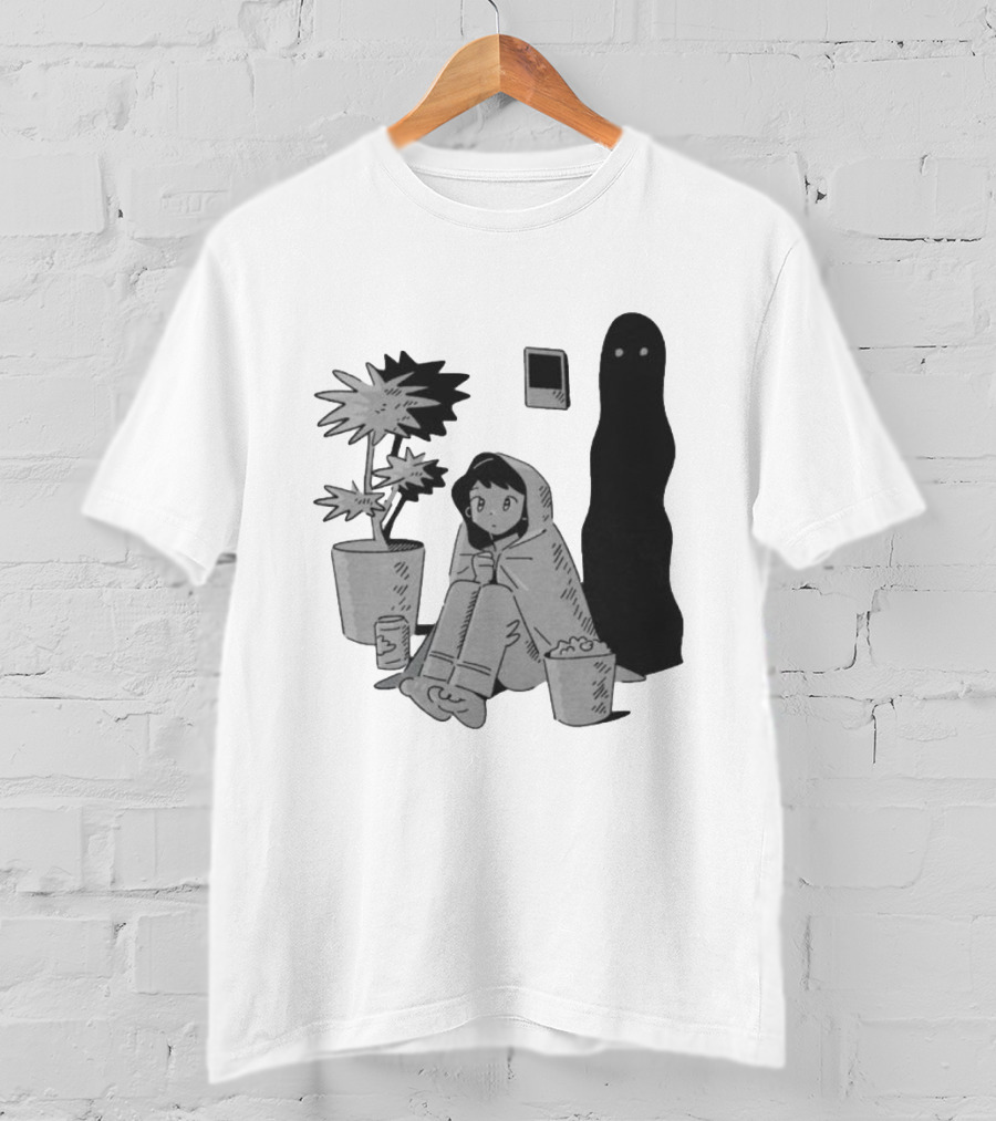 Phantom Cozy: Ghostly Companion And Snuggled Figure With Plant And Snacks T-Shirt