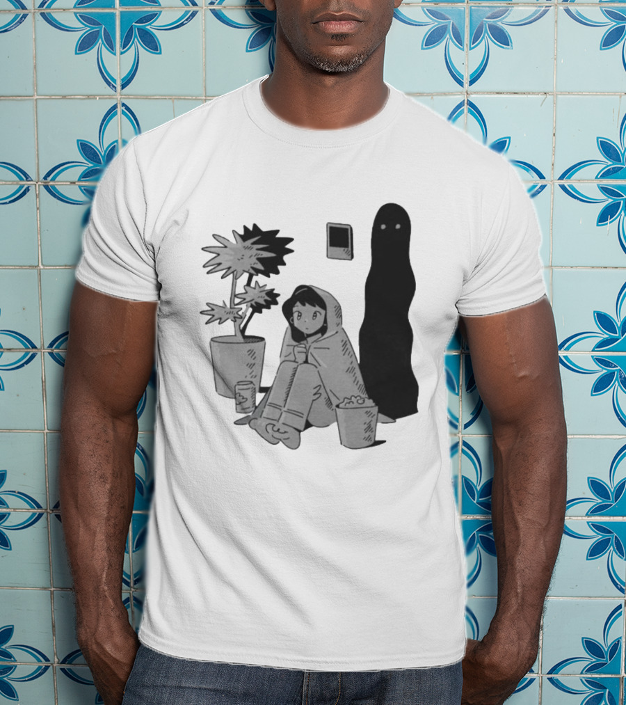 Phantom Cozy: Ghostly Companion And Snuggled Figure With Plant And Snacks T-Shirt
