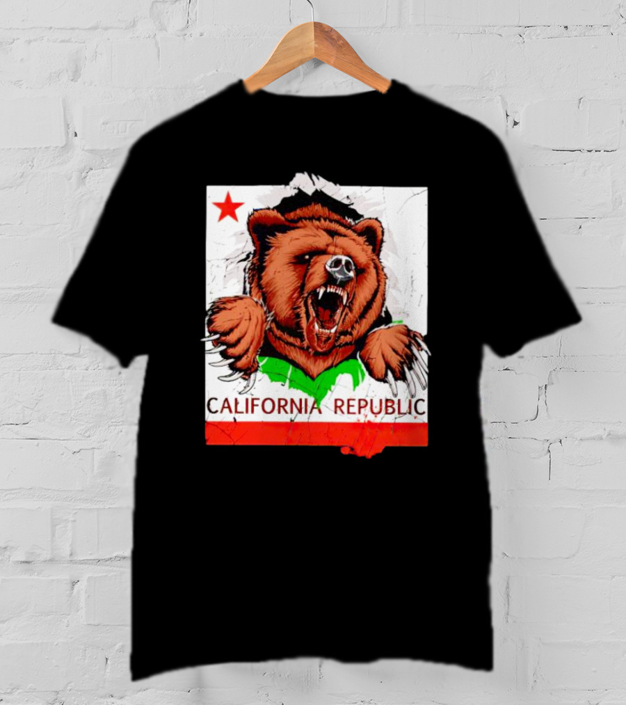 California Republic Bear Roaring Star Red Stripe T-Shirt