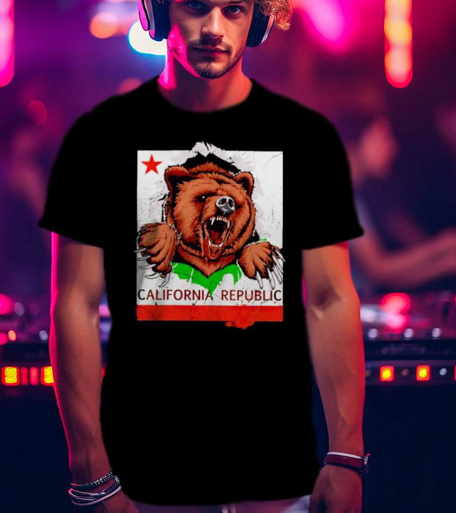 California Republic Bear Roaring Star Red Stripe T-Shirt