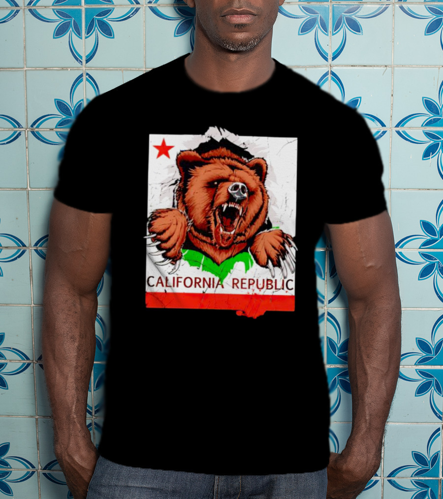 California Republic Bear Roaring Star Red Stripe T-Shirt