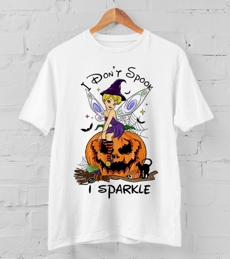 I Don’t Spook I Sparkle Witch Fairy On Pumpkin Halloween Scene T-Shirt