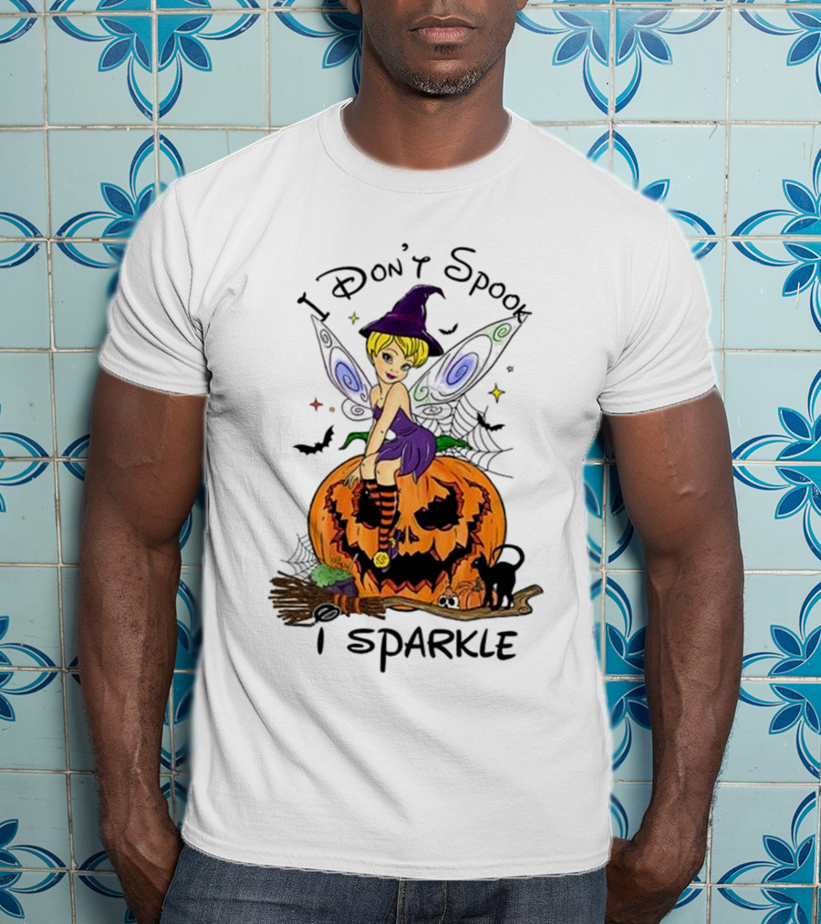 I Don’t Spook I Sparkle Witch Fairy On Pumpkin Halloween Scene T-Shirt