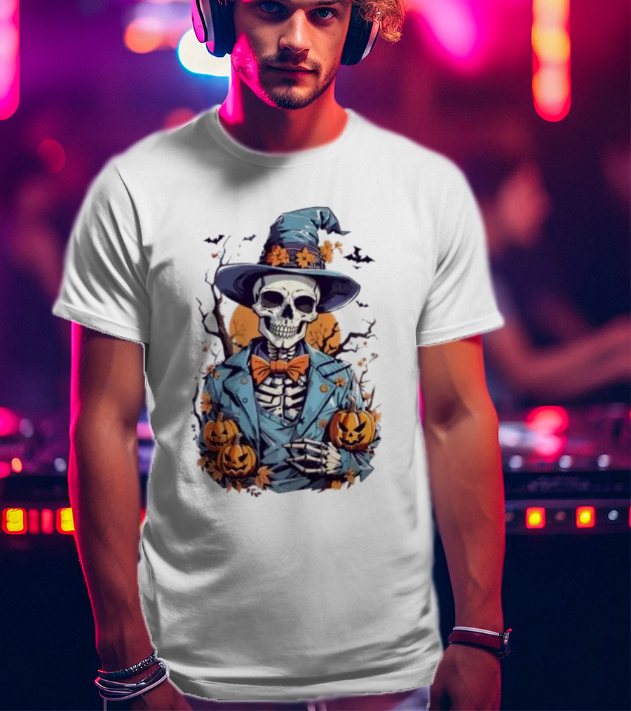 Happy Halloween Skeleton Jack-O'-Lantern Bow Tie Hat T-Shirt