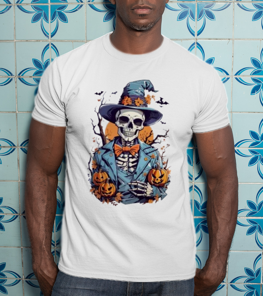 Happy Halloween Skeleton Jack-O'-Lantern Bow Tie Hat T-Shirt