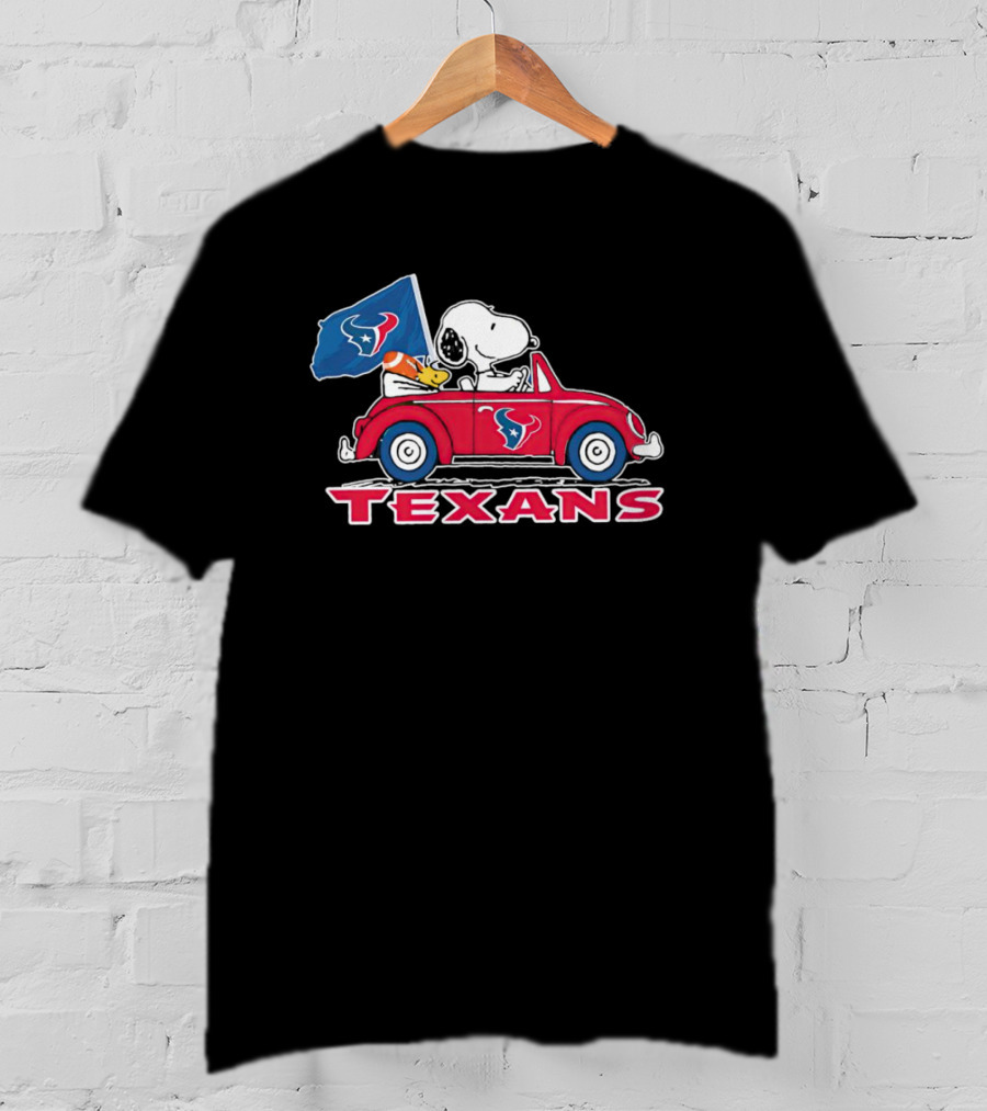 Snoopy And Woodstock Driving Car Texans Flag T-Shirt