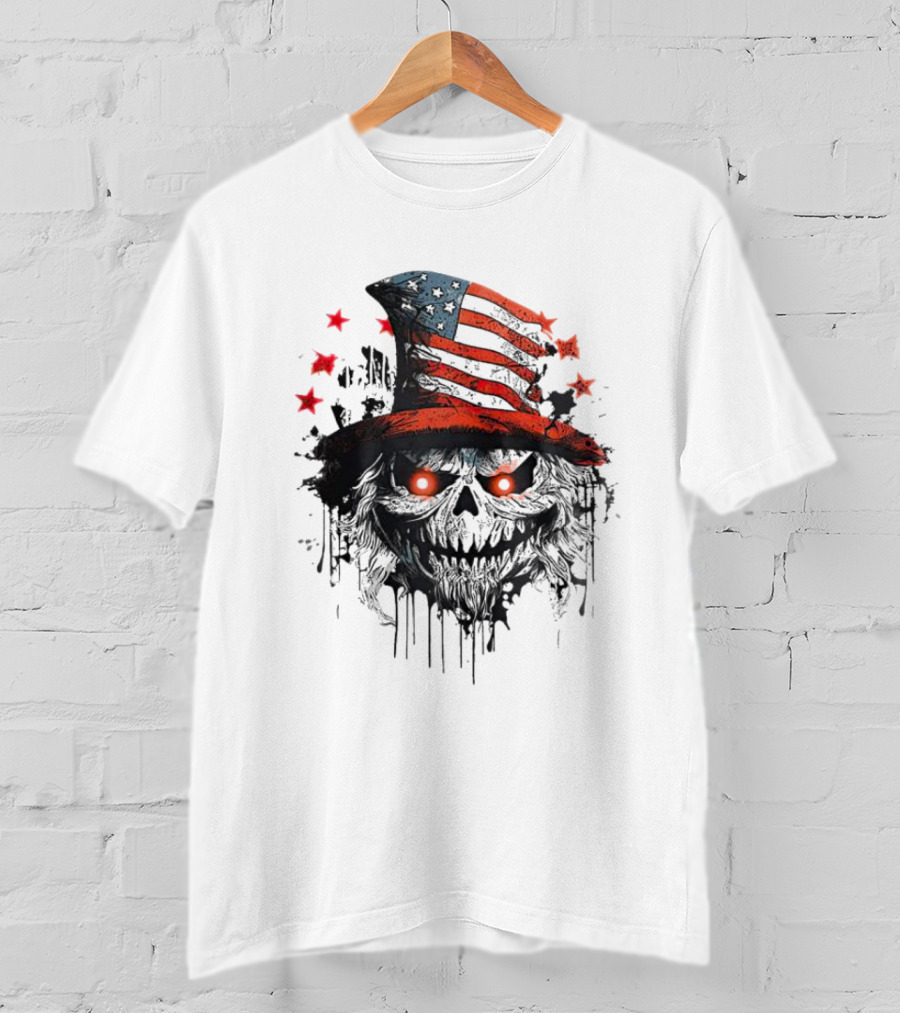 Uncle Sam Skull With American Flag Hat And Red Stars T-Shirt