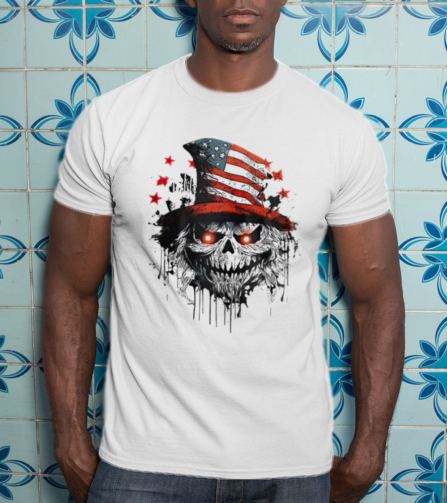 Uncle Sam Skull With American Flag Hat And Red Stars T-Shirt
