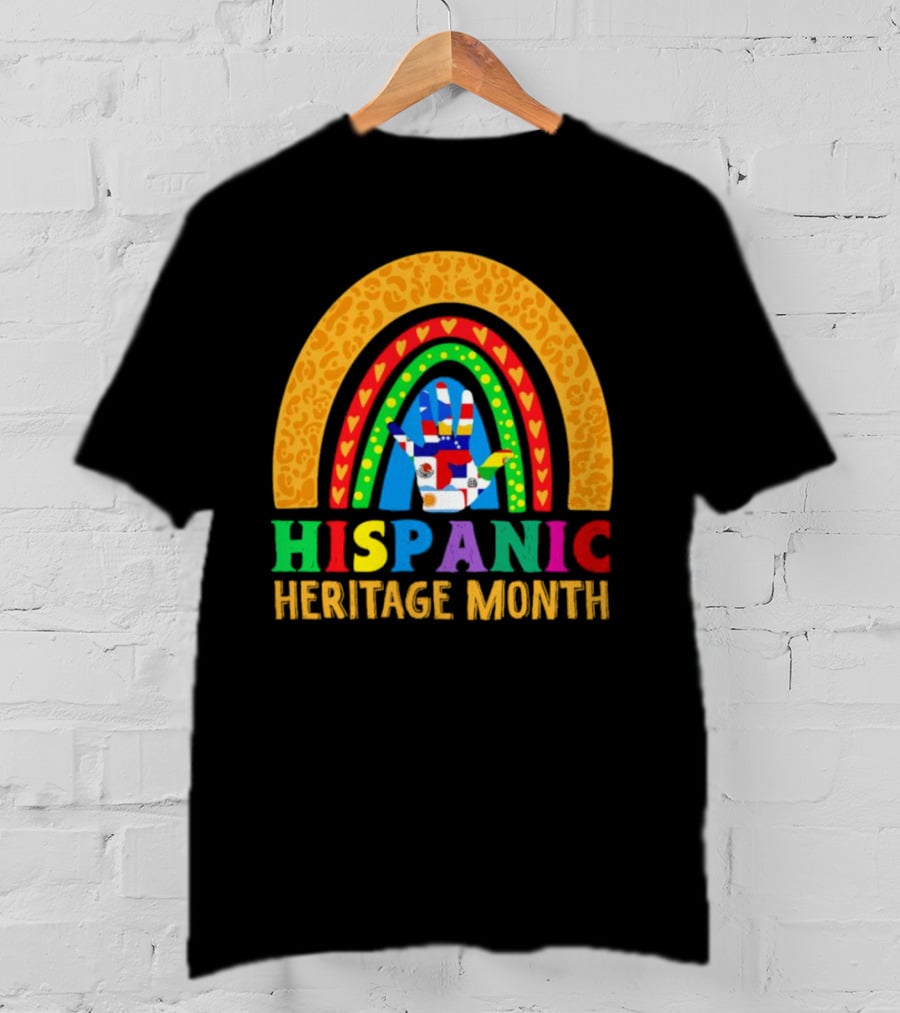 Hispanic Heritage Month Rainbow With Flag Mosaic Hand T-Shirt