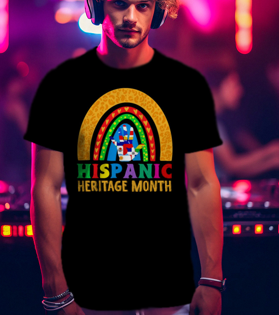 Hispanic Heritage Month Rainbow With Flag Mosaic Hand T-Shirt