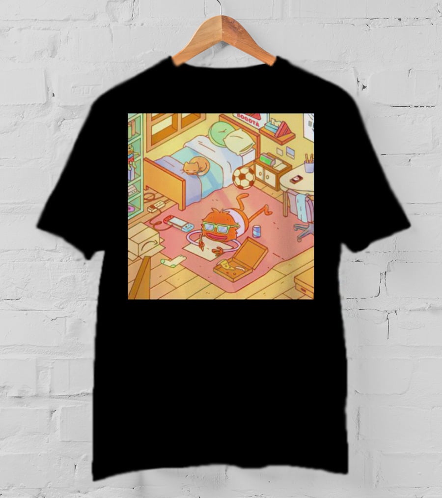 Chillin' Wolfi Gaming Bedroom With Cat And Pizza T-Shirt