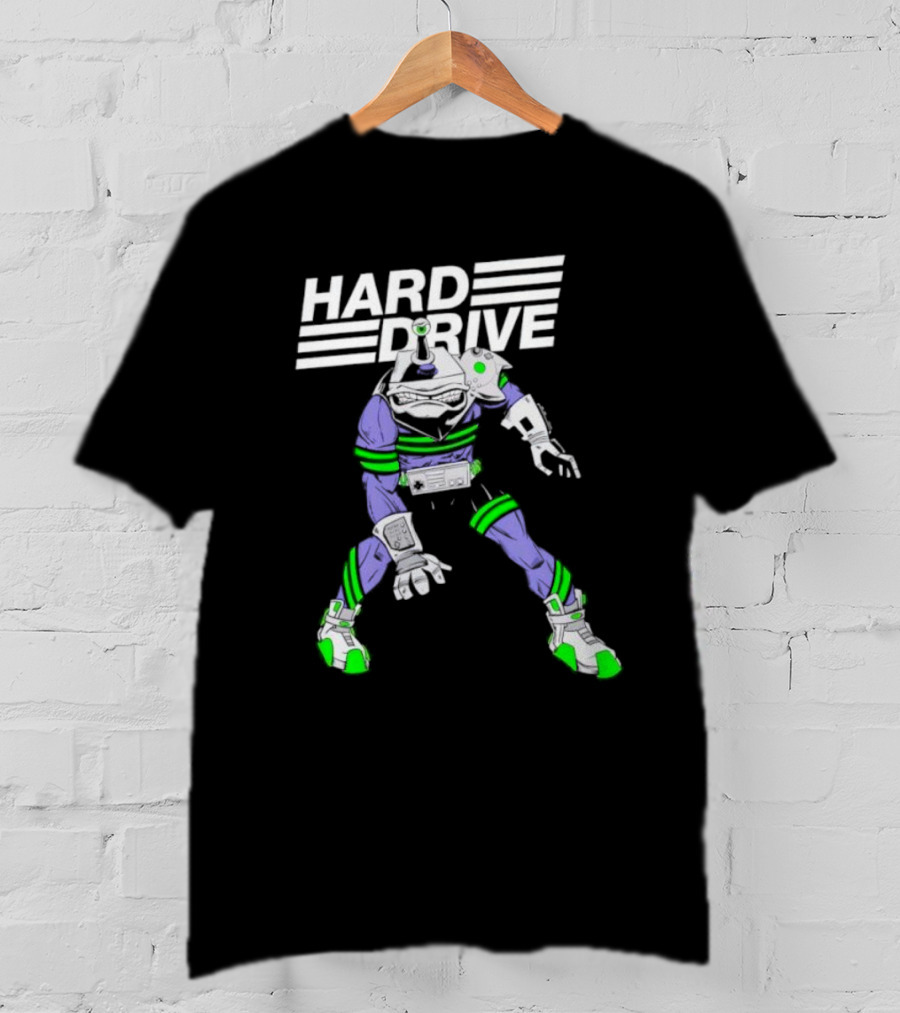 HARD DRIVE Futuristic Cyborg With Green And Purple Accents T-Shirt