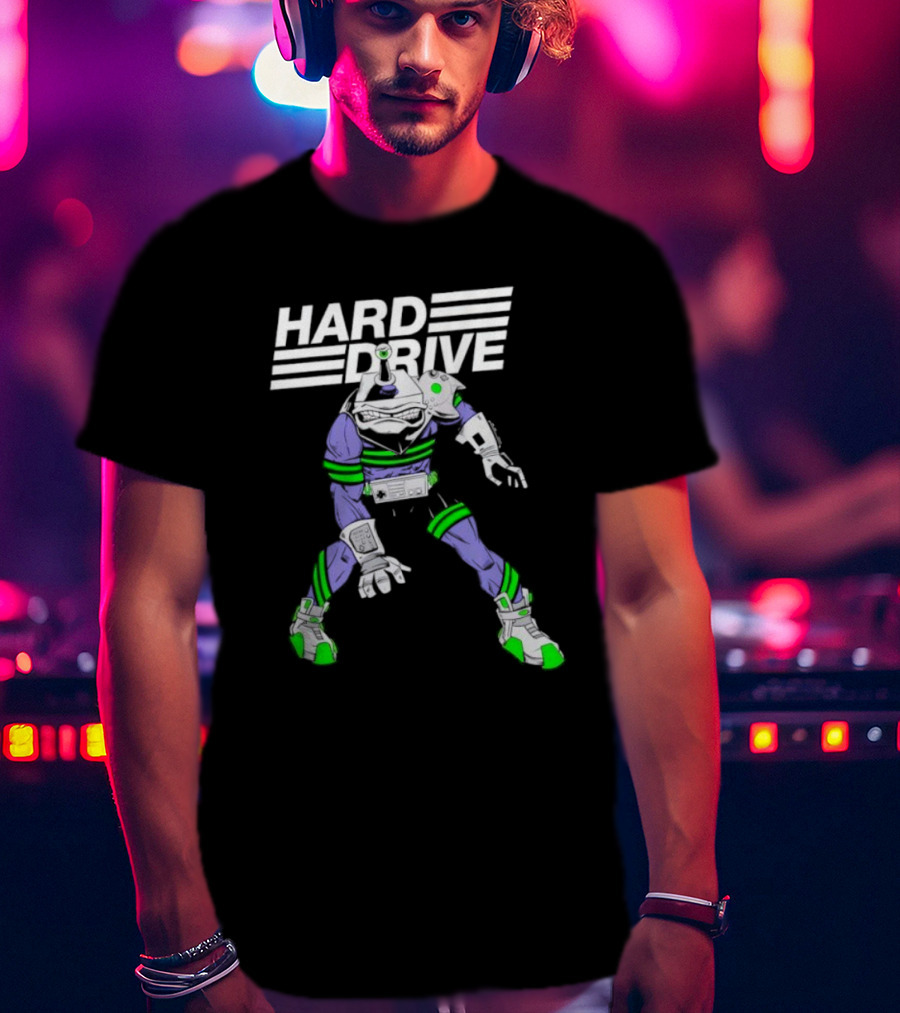 HARD DRIVE Futuristic Cyborg With Green And Purple Accents T-Shirt