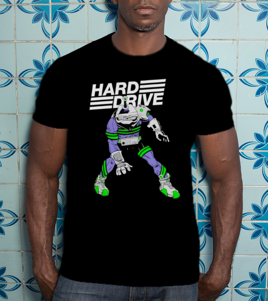 HARD DRIVE Futuristic Cyborg With Green And Purple Accents T-Shirt