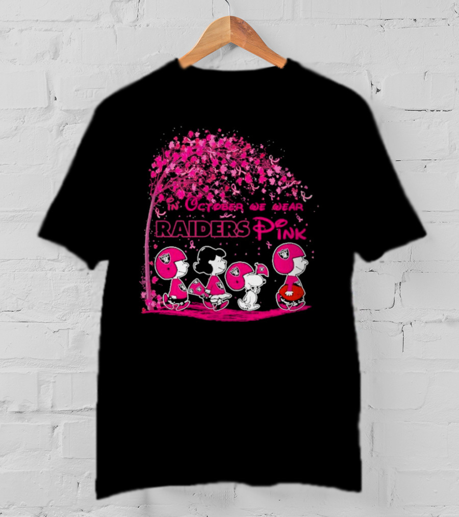 In October We Wear Raiders Pink Peanuts Breast Cancer Awareness T-Shirt